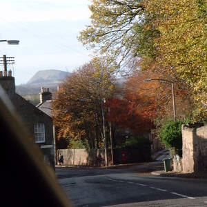 Looking down Belhaven High Street from outside the pub on a November day. Traprain Law on horizon, Brewery Lane on left, Duke Street on right
